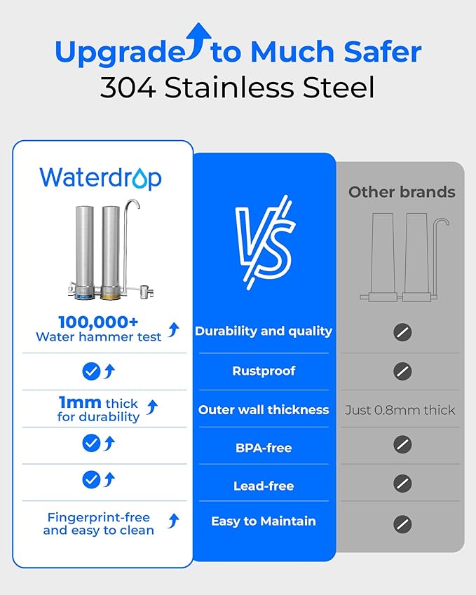 [Silver ions] Waterdrop Dual-Stage Countertop Water Filter System, Reduce Chlorine, PFOA/PFOS, Bad Taste & Odor, Silver Ions Enhanced Filtration, Stainless Steel, WD-CTF-09(2 Filter)