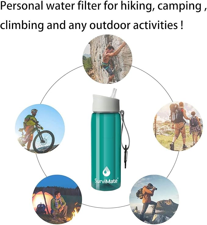 SurviMate Purified Water Bottle for Camping, Hiking, Backpacking and Travel, BPA Free with 5-Stage Intergrated Filter Straw