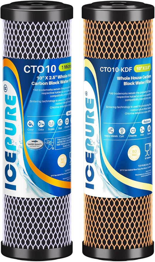 ICEPURE 2-Stage 1 Micron 2.5" x 10" Whole House Water Filter Cartridge Kit with Activated Carbon Block Filter and KDF, Replacement for WFPFC8002, WFPFC9001, SCWH-5, WHCF-WHWC, FXWTC, CBC-10, 1 PACK