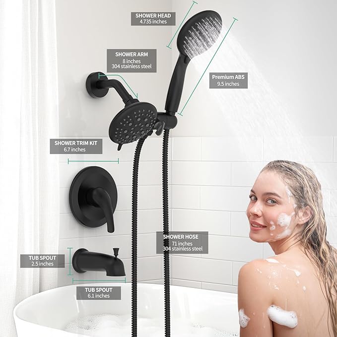 SR SUN RISE Shower System with Tub Spout, 35-Function Dual 2-in-1 Tub and Shower Faucet Combo Set, Single-Handle Tub and Shower Trim Kit, Patented 3-Way Diverter Matte Black(Valve Included)