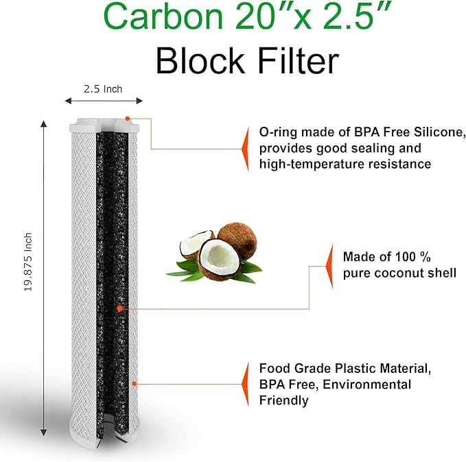 Standard Whole House Coconut Shell Carbon Block 5 Micron Water Filter 20” x 2.5” Fits 20” x 2.5” Housings. Remove Chlorine and Bad Odor. Compatible with C1-20, HX-CB-25-2010, F3WCB32