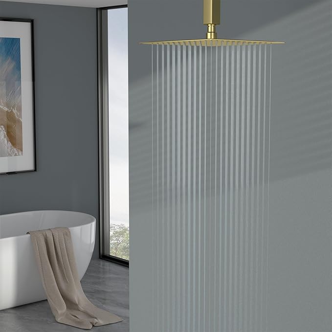 Lordear Gold Rainfall Shower Head 12 Inch Square Rain Shower Head Solid Ultra Thin 304 Stainless Steel Fixed Rainshower Head with Self Cleaning Nozzles