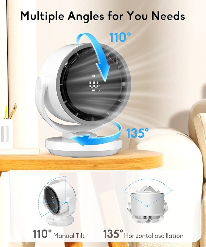 let'me Table Fan, 100-Speed Desk Fan with Digital Display, Rechargeable Battery Fan with Warm Night Light, Oscillating Fan and 12H Timer, Small Quiet Desk Fan for Bedroom, Office