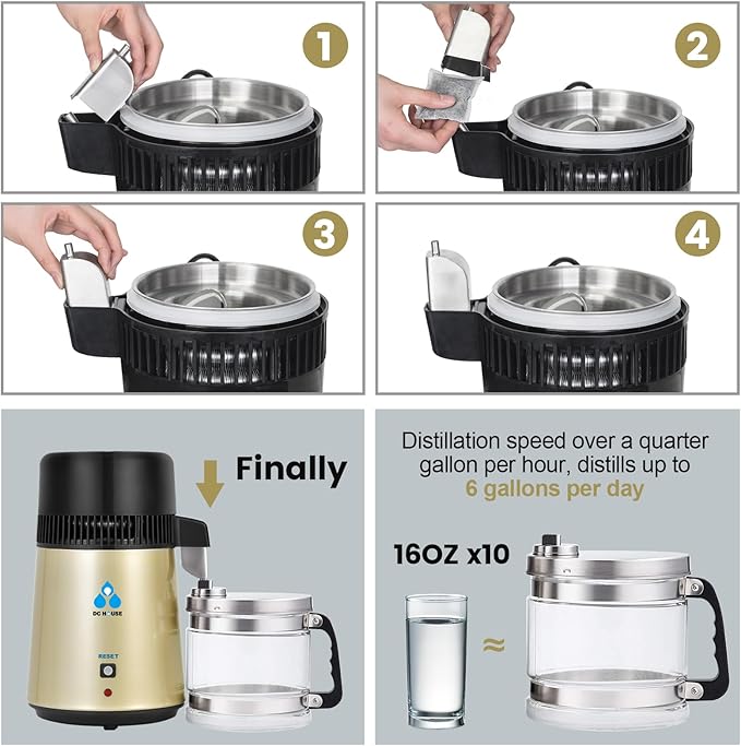 DC HOUSE Upgrade Water Distiller, 304 Stainless Steel 1 Gallon Distilled Water Maker Machine for Home Countertop Table Desktop, 750W 4L Making Machine with On Off Switch, Glass Container