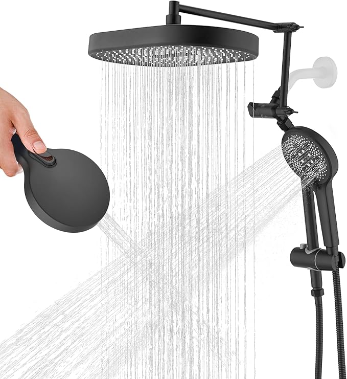 14" x 8" Rectangle High Pressure Rainfall Shower Head with Handheld Combo, 6 Setting Handheld Shower Head, Adjustable Height Shower Extension Arm and Slide Bar for Easy Reach - Matte Black