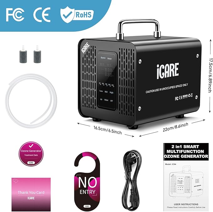 Ozone Generator 60,000mg/h & Ozone Generator Water 1000 mg/h High Capacity Smart Ozone Machine Odor Removal Commercial Ozone Odor Eliminator for Home, Smoke, Pet Odor, Car, Cleaning Fruits, Vegetables