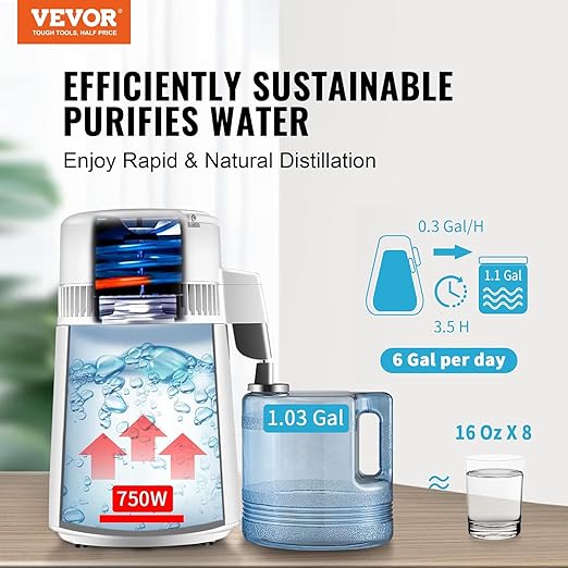 VEVOR Water Distiller, 1.1 Gal Distilled Water Machine, 750W Pure Water Distilling w/BPA Free Plastic Container, Water Distillation Kit w/Button, Countertop Distilled Water Maker for Home, White