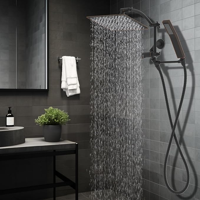 Hibbent All Metal 10'' Rainfall Shower Head, Shower Head Combo, High Pressure Handheld Shower Wand, 16'' Adjustable Arc-shaped Shower Extension Arm, 71'' Hose, Showerhead Holder, Oil Rubbed Bronze