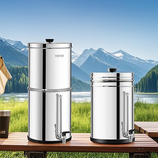 VEVOR Gravity-fed Water Filter System, 2.25G 304 Stainless-Steel Countertop System, Water Filtration System, Reduces Lead and up to 99% of Chlorine, with 2 Carbon Filters, and Water Level Spigot