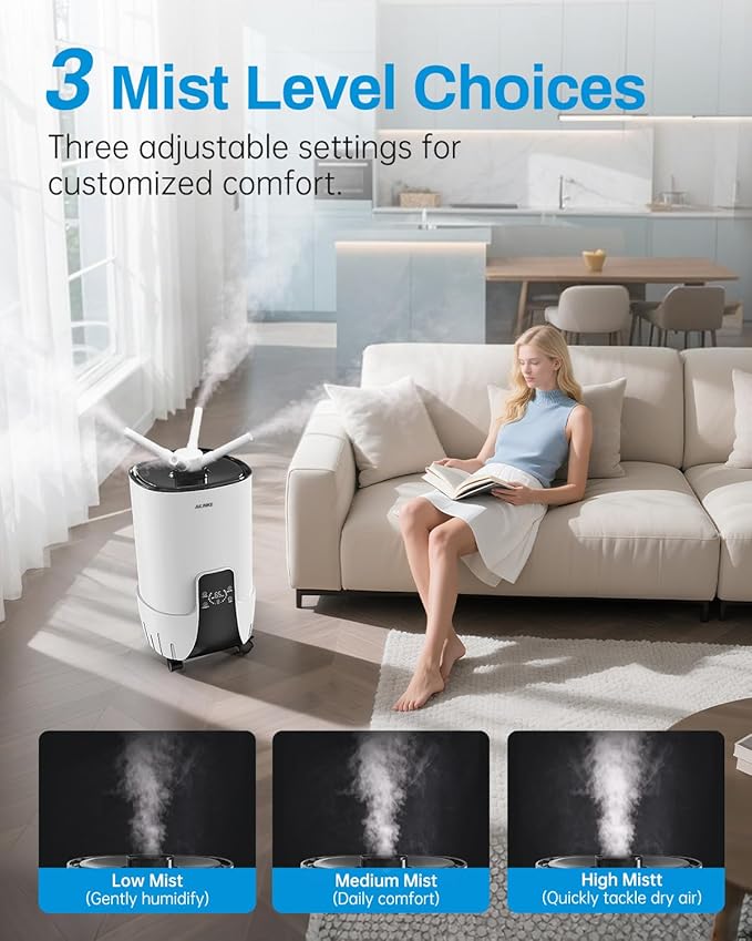 Humidifier Large Room, 4.2Gal/16L Cool Mist Humidifiers for Bedroom Home 2000 sq.ft,Top Fill, 3 Stainless Steel Atomizers,360°Nozzle Extension Tube, Commercial/Office/Plants/Whole House, White