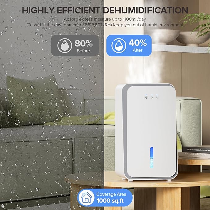 Dehumidifier for Home, 1000 sq.ft Dehumidifier with Auto Shut Off, 7-Color LED Light Built-in Aromatherapy Diffuser, Ultra-Quiet Dehumidifiers for Bedroom, Bathroom, Basement (White)