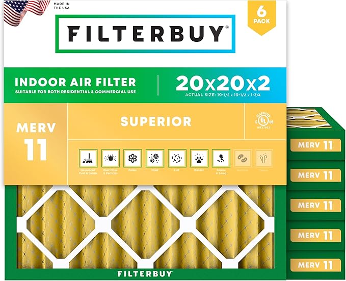 Filterbuy 20x20x2 Air Filter MERV 11 (MPR 1200) Allergen Defense Replacement (6-Pack), Electrostatic Pleated HVAC AC Furnace Filters, Made in USA (Actual Size: 19.50 x 19.50 x 1.75)