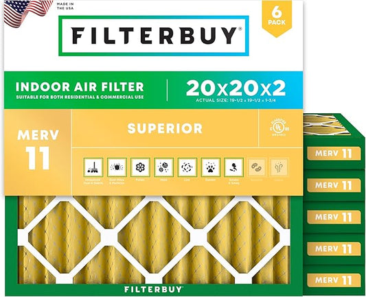Filterbuy 20x20x2 Air Filter MERV 11 (MPR 1200) Allergen Defense Replacement (6-Pack), Electrostatic Pleated HVAC AC Furnace Filters, Made in USA (Actual Size: 19.50 x 19.50 x 1.75)