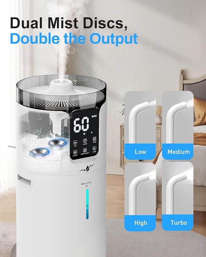 Humidifier Large Room, 4.2 Gal/16L Large Humidifier for 1500 sq.ft, 360° Nozzles Cool Mist Ultrasonic, Top Fill Tower Humidifiers for Bedroom Office Plant wholehouse with Extension Tube, Night Light