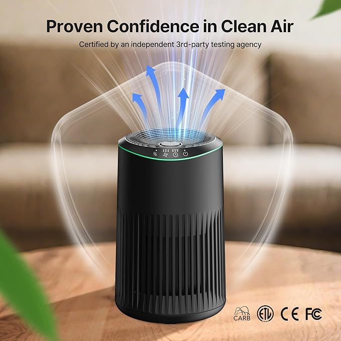 Air Purifiers for Bedroom Home, Air Purifier for Smoke Odors with Fragrance Sponge, Small Air Purifier with Sleep Mode for Bedroom Office, Blue Night Light, Black, 1 Pack+3 Modes