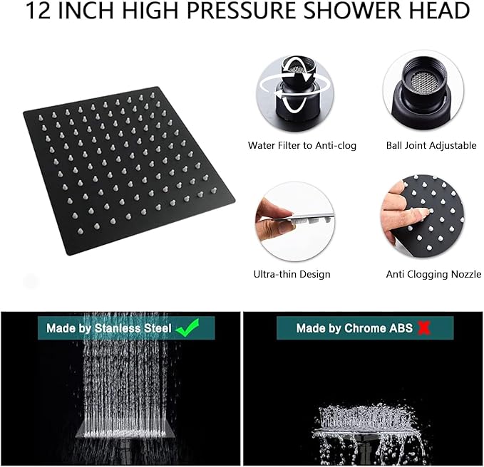 All Metal 12'' Rain/Rainfall Shower Head with Handheld Spray Combo, High Pressure Square Shower Head with 13'' Extension Arm, Dual Black Shower Heads with 78'' Hose, Waterfall Showerhead, BELLEARLY