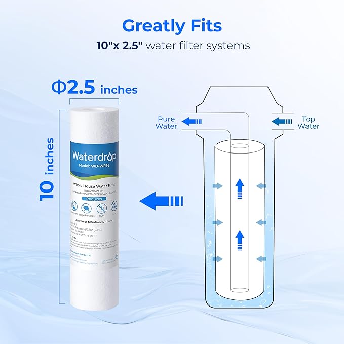 Waterdrop 5 Micron 10" x 2.5" Whole House Water Filter Replacement Cartridge, Sediment Water Filter Replacement for Any 10 inch RO Unit, Aqua-Pure® AP110, Culligan® P5, WHKF-GD05, 6 Pack