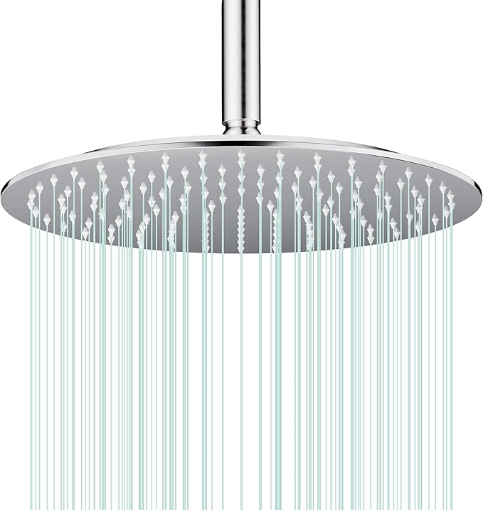 All Metal Rain Shower Head - Heavy Duty Stainless Steel, Easy Install, High Water Flow, Ultra-Thin Modern Design for Bathroom (Chrome, 12)