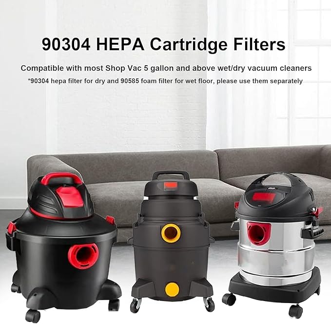 (2) 90304 HEPA Cartridge Replacement Filter with Lids + (4) 90585 Foam Sleeves, Compatible with Shop-Vac 90304, 90350, 90333, Shop Vac 903-04-00, 9030400, 90585, 5 Gallon up Wet/Dry Vacuum Cleaner