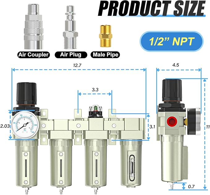 1/2" NPT Heavy Duty Industrial Grade 4 Stage Air Drying System,Coalescing Filter,Double Particulate Filter,Desiccant Dryer and Air Regulator,Manual Drain,For Plasma Cutter and Paint Spray