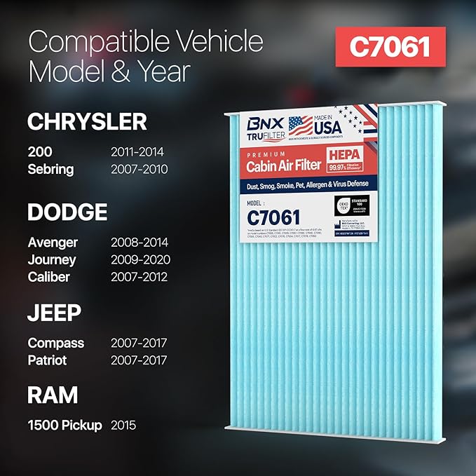 BNX TruFilter C7061 Cabin Air Filter, HEPA 99.97%, MADE IN USA, Compatible With Nissan: Sentra, Rogue