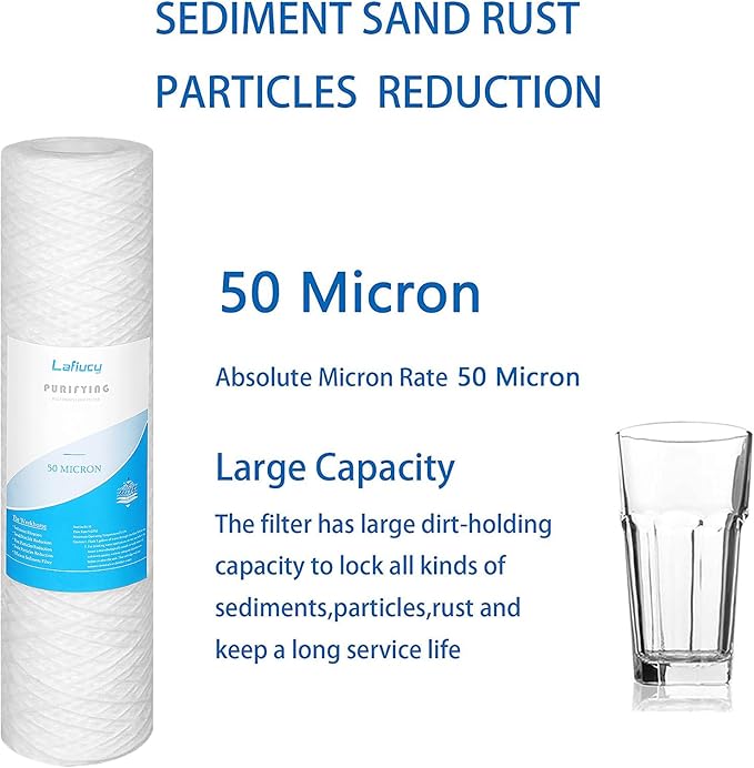 50 Micron 10" x 2.5" String Wound Sediment Water Filter Cartridge,5 Pack,Whole House Sediment Filtration, Universal Replacement for Most 10 inch RO Unit