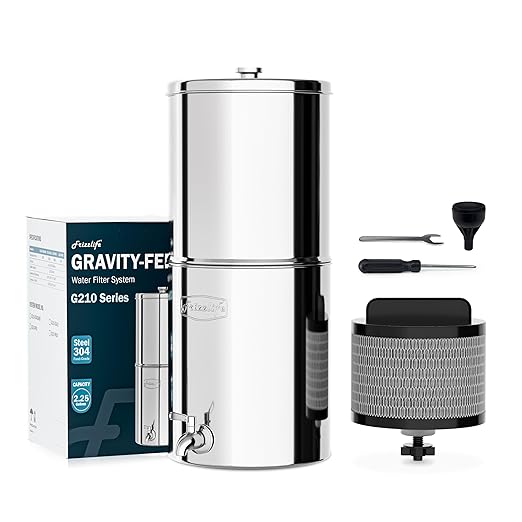 Frizzlife 2.25G Gravity-fed Water Filter System, NSF/ANSI 42&372 Standards, Countertop Water Filter Reduces Chlorine, Bad Taste & Odor, 304 Stainless Steel Countertop System for Home, Emergency, G210