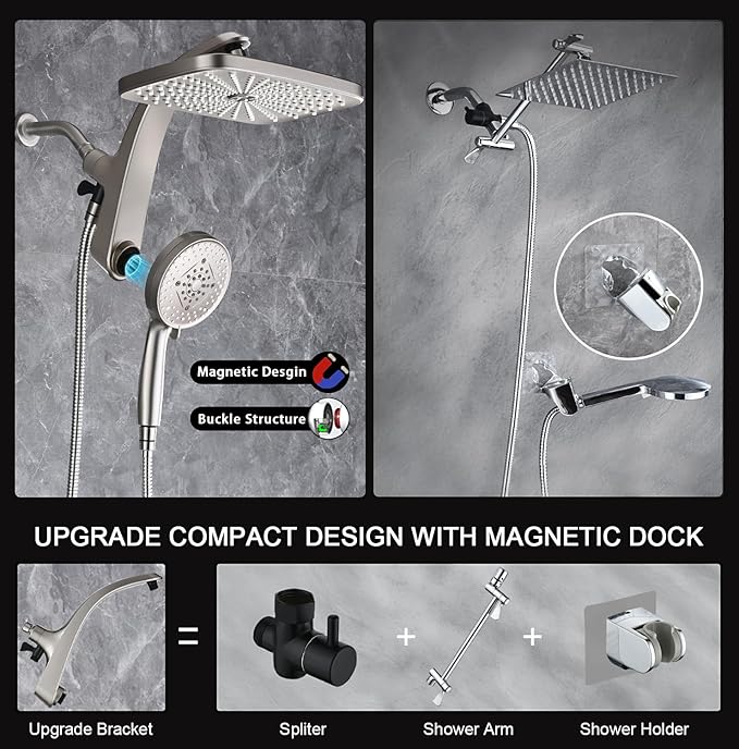 High Pressure Rain Shower Head: Upgrade Shower Heads with Handheld Spray Combo with Fixed Showerhead and 10 Sprays Handheld Shower Head, Detachable Showerheads Built-in Magnetic Docking and Power Jets