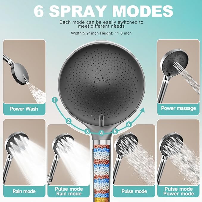 Filtered Shower Head, 6 inch High Pressure Handheld Shower Head with Filter for Hard Water, 6 Spray Modes Detachable Showerhead with Hose and Shower Arm Bracket, Dark Grey