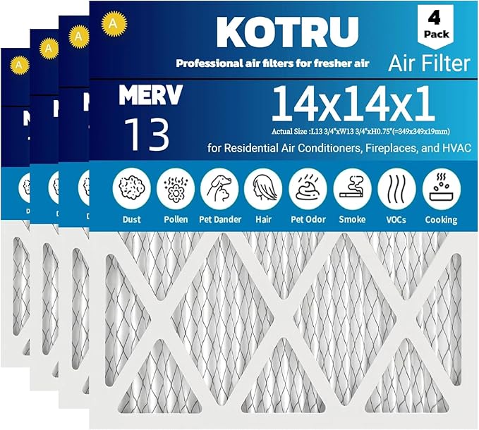 Air Filter14x14x1 MERV 13 (4-Pack) Electrostatic Pleated Air Filter for Residential Air Conditioners, Fireplaces, and HVAC Air Filters Replacement (Actual Size: 13.75 x 13.75 x 0.75 inches)