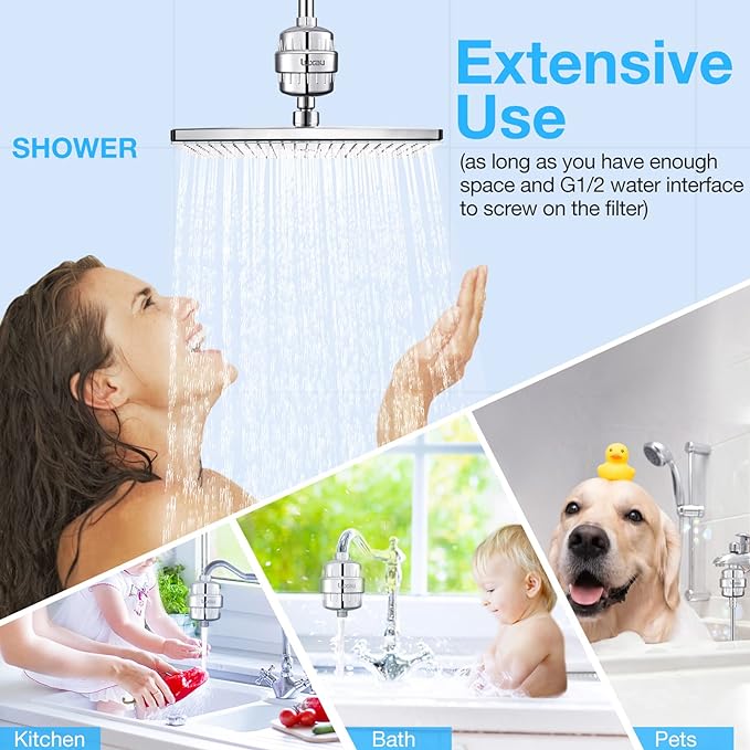 Heavy Duty Shower Filter, Chlorine Hard Water Filter Softener Purifier, with 2 Filter Cartridges, Fits Universal Handheld Shower Head Fixed Rainfall Bath Fixture, Chrome