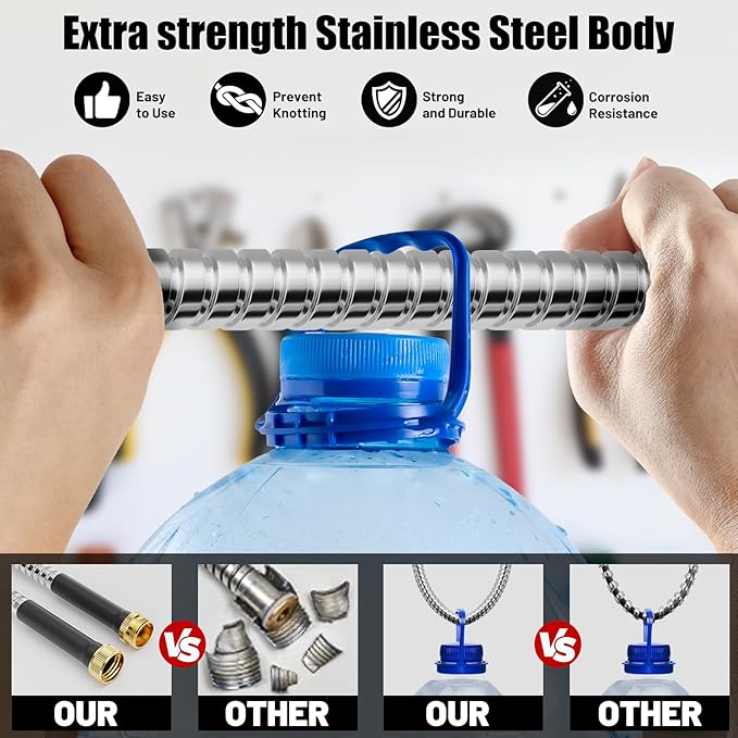 Garden Hose 50 ft, Stainless Steel Metal Water Hose 50 Feet with Nozzle, Flexible, Rust Proof, No-Kink, Heavy Duty, Leakproof 3/4 in Fittings, Lightweight Metal Hose, BT50S Model