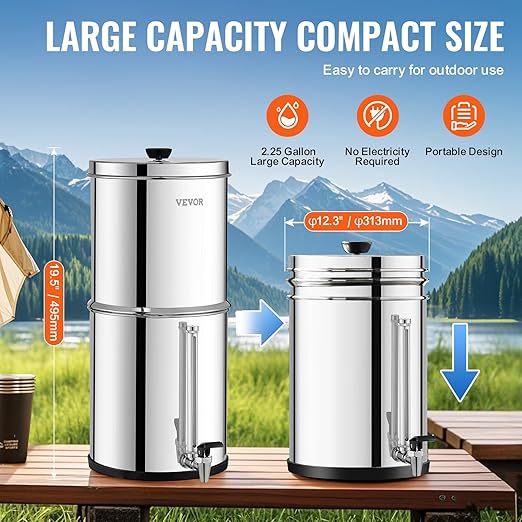 VEVOR Gravity-fed Water Filter System, 2.25G 304 Stainless-Steel Countertop System, Water Filtration System, Reduces Lead and up to 99% of Chlorine, with 2 Carbon Filters, and Water Level Spigot