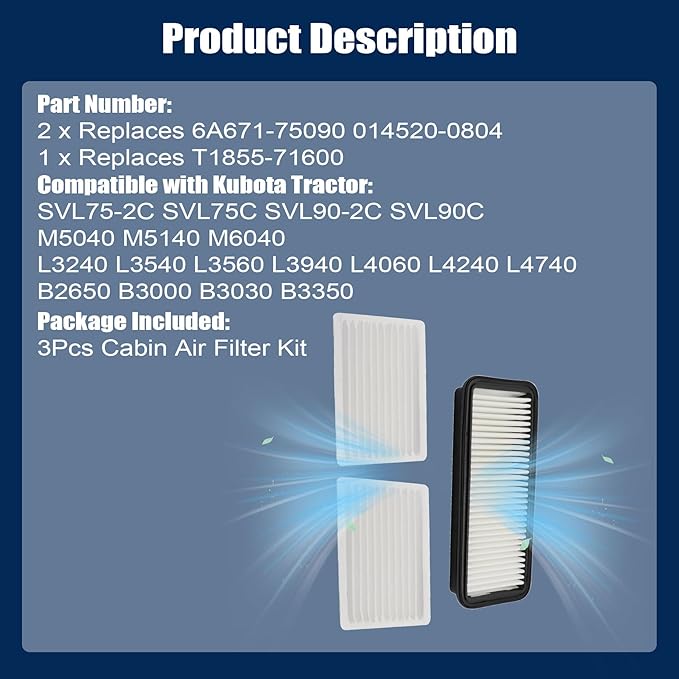 XQSMWF Cabin Air Filter Kit Compatible with Kubota Tractor SVL75-2C SVL75C SVL90-2C M6040 M7040 L3240 L4060 L4240 L4740 B2650 B3000 B3030 B3350 Cabin Replce T1855-71600 6A671-75090 014520-0804