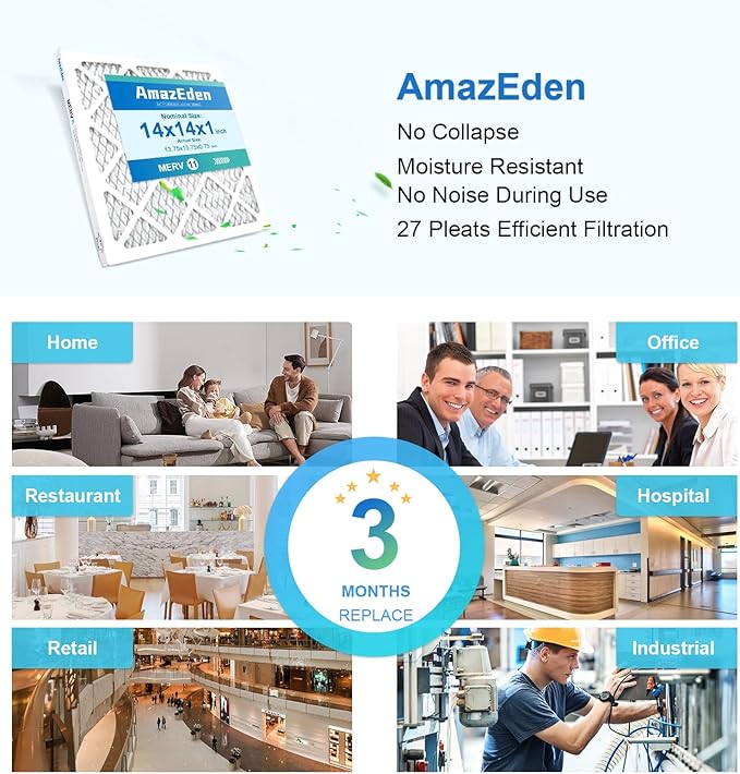 14x14x1 Air Filter MERV 11 (6-Pack) MPR 1000 FPR 7 AC HVAC Furnace Filters Pleated Dust Defense Replacement for Home (Actual Size: 13.75x13.75x0.75 Inches)