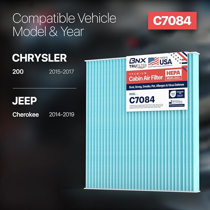BNX TruFilter C7084 Cabin Air Filter, HEPA 99.97%, Compatible With Jeep Cherokee; Chrysler 200