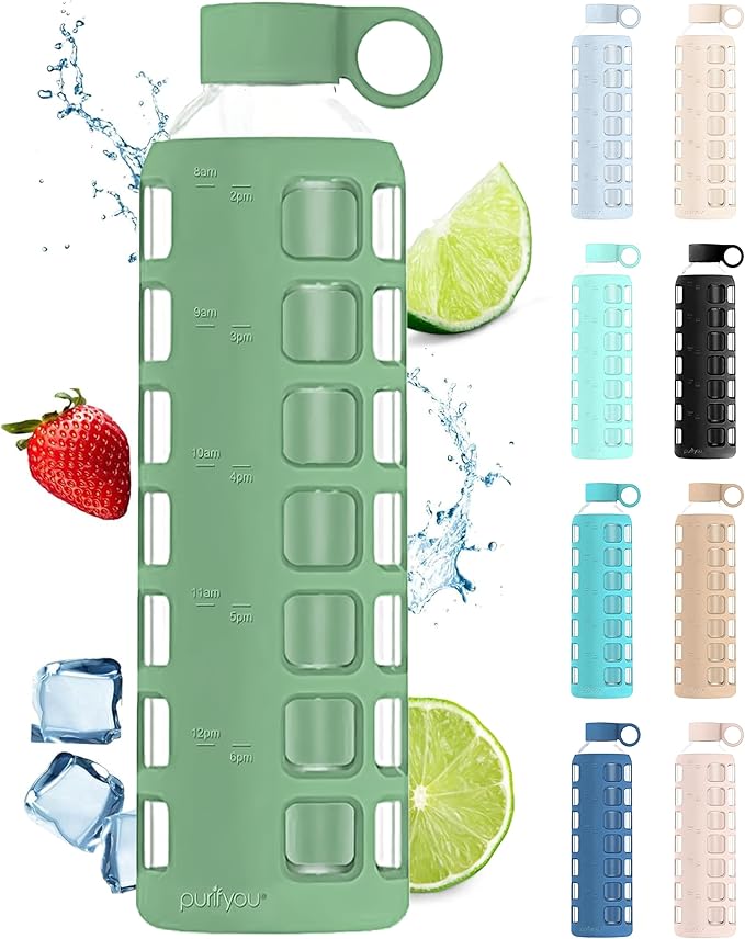 purifyou 40oz / 32oz / 22oz / 12oz Borosilicate Glass Water Bottle with Time & Volume Markers, Silicone Sleeve, Stainless Steel Lid | Reusable Glass Bottle for Water & Juice (32oz Shale Green)