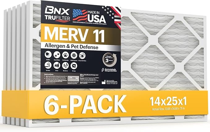 BNX TruFilter 14x25x1 Air Filter MERV 11 (6-Pack) - MADE IN USA - Allergen Defense Electrostatic Pleated Air Conditioner HVAC AC Furnace Filters for Allergies, Dust, Pet, Smoke, Allergy MPR 1200 FPR 7