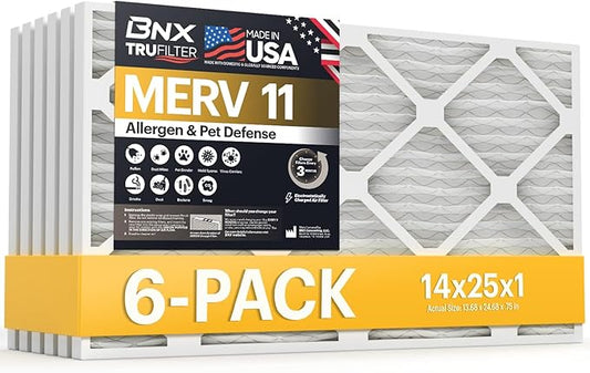 BNX TruFilter 14x25x1 Air Filter MERV 11 (6-Pack) - MADE IN USA - Allergen Defense Electrostatic Pleated Air Conditioner HVAC AC Furnace Filters for Allergies, Dust, Pet, Smoke, Allergy MPR 1200 FPR 7