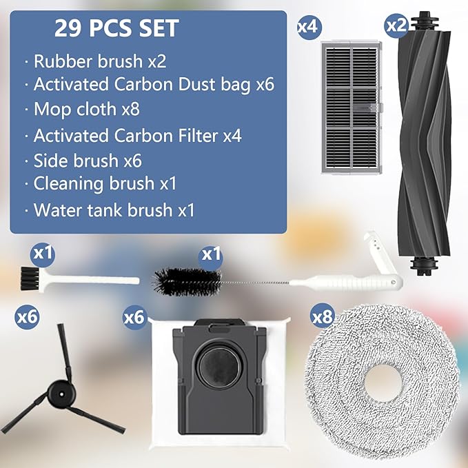 Yivy 29 PCS Replacement Parts for Dreame X40 Ultra/ L40 Ultra /X40 Master/Mova P50 Pro Ultra/Mova P10 Pro Ultra Vacuum Cleaner,Accessories: 2 Main Brushes, 4 Carbon HEPA Filters,6 Carbon Dust Bags