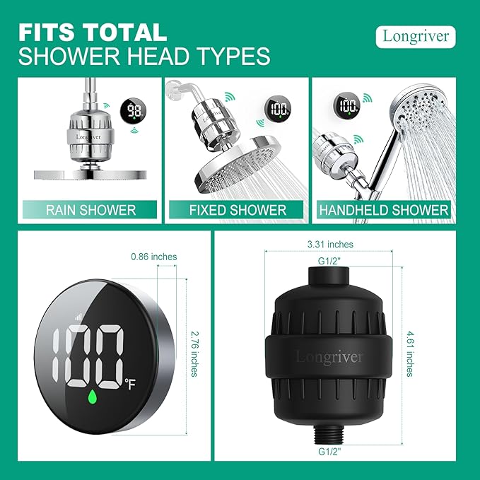 Tem8(R7Pro) Bathroom Shower Filter Fixture with Wireless Temperature Display | Hard Water Purifier 99.99% Remove Chlorine & Heavy Metals | Improve Skin & Hair Health | Black Hardware Accessories
