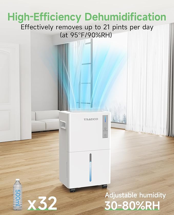 1500 Sq.ft Dehumidifier for Basement, Trazico 21 Pint Dehumidifiers for Home Large Room with Drain Hose, Smart Humidity Control, 3 Modes, 24H Timer, Auto Defrost, Ideal for Bedrooms, Bathroom, White