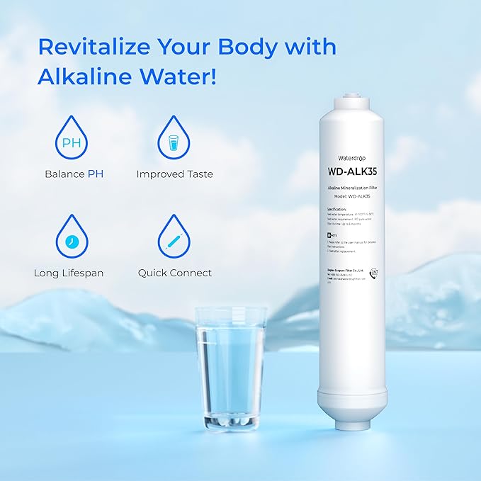 Waterdrop 𝐀𝐥𝐤𝐚𝐥𝐢𝐧𝐞 Water Filter WD-ALK35, Alkaline Filter for Reverse Osmosis System, pH Balance and Restore Minerals for RO Alkaline Filter, Under Sink Water Filter, 1/4" Quick Connect