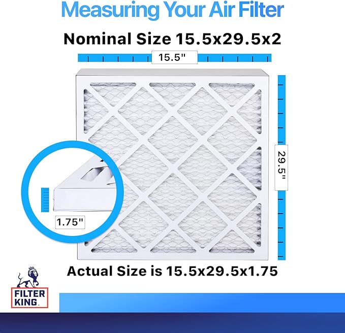 Filter King 15.5x29.5x2 Air Filter | 4-PACK | MERV 8 HVAC Pleated A/C Furnace Filters | MADE IN USA | Actual Size: 15.5 x 29.5 x 1.75"
