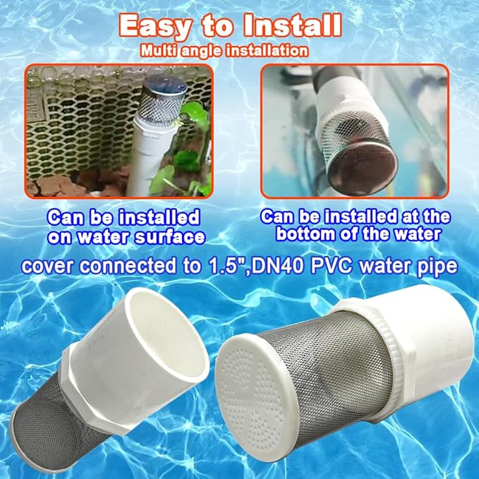 1.5 inch Stainless Steel Filter Cover Connected to 1.5 inch/DN40 PVC Water Pipe, Suction Strainers 360 Degree mesh Rapid Filtration Used to Remove Debris and Reduce Solid Entry