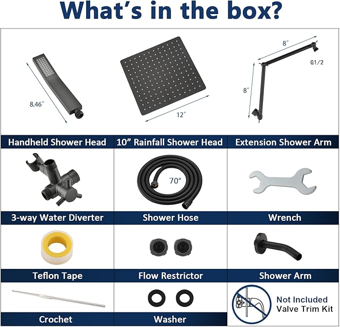 PDPBath All Metal 12" Rainfall Shower Head with 16" Upgrade Flexible Extension Arm, Shower Head with Handheld Combo,70" Extra Long Shower Hose, 3-Way Diverter,Matte Black