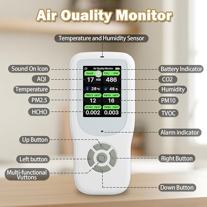 11-in-1 Air Quality Monitor - Portable Indoor Air Quality Detector with Stand, Real-Time Test for AQI, CO2, PM2.5, PM1.0, PM10, TVOC, HCHO, Particles, Temperature & Humidity with Aler (White-Black)