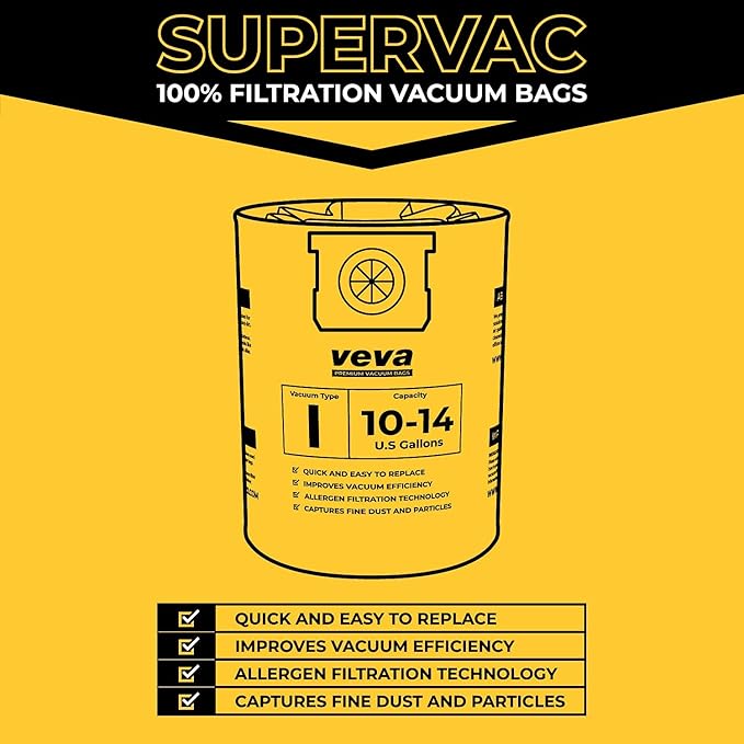 10 Pack, 10-14 Gallon Filter Bags for Shop Vac Vacuum - Type I 90672 - High-Efficiency Vacuum Bags