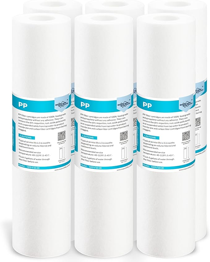 Membrane Solutions 20 Micron Sediment Water Filter Replacement Polypropylene Cartridge 10"x 2.5" for Whole House RO System, Compatible with Aqua-Pure AP110, GE FXUSC, WHKF-GD05, Culligan P5-6 Pack