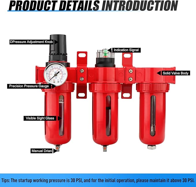 1/2" NPT 3 Stage Aluminium Air Drying System,Coalescing Filter, Particulate Filter, Desiccant Dryer and Air Regulator, Manual Drain, Mid Flow, For Plasma Cutter and Paint Spray
